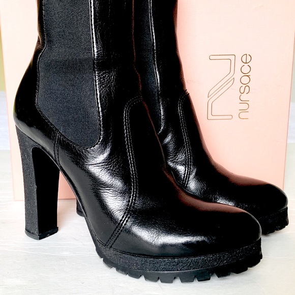 Shiny soft black real leather booties lightweight platform highcut ankle US 10 - Picture 3 of 9